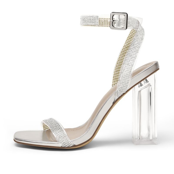 Square Toe Clear Chunky Heel Sandals - SILVER CLEAR RHINESTONE - 3
